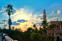 Πανόραμα του παλαιού βραδιού Jaffa στοκ εικόνα Πανόραμα του παλαιού βραδιού Jaffa στοκ εικόνα