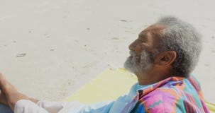 Πλάγια όψη της στοχαστικής ενεργού ανώτερης χαλάρωσης ατόμων αφροαμερικάνων στην παραλία στην ηλιοφάνεια 4k απόθεμα βίντεο Πλάγια όψη της στοχαστικής ενεργού ανώτερης χαλάρωσης ατόμων αφροαμερικάνων στην παραλία στην ηλιοφάνεια 4k απόθεμα βίντεο