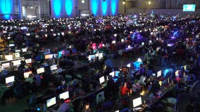 Πολλά gamers που παίζουν στα παιχνίδια στον υπολογιστή στη μεγάλη αίθουσα φιλμ μικρού μήκους Πολλά gamers που παίζουν στα παιχνίδια στον υπολογιστή στη μεγάλη αίθουσα φιλμ μικρού μήκους