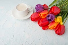 Πολύχρωμες τουλίπες με τον καφέ σε ένα ελαφρύ υπόβαθρο, τοπ άποψη, με το κενό διάστημα για το γράψιμο ή τη διαφήμιση στοκ εικόνες με δικαίωμα ελεύθερης χρήσης Πολύχρωμες τουλίπες με τον καφέ σε ένα ελαφρύ υπόβαθρο, τοπ άποψη, με το κενό διάστημα για το γράψιμο ή τη διαφήμιση στοκ εικόνες με δικαίωμα ελεύθερης χρήσης
