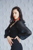 Πορτρέτο μόδας ενός μοντέρνου κοριτσιού brunette που φορά ένα μαύρο φόρεμα Γυναίκα με τα μακρυμάλλη φορώντας κόκκινα σκουλαρίκια στοκ φωτογραφίες Πορτρέτο μόδας ενός μοντέρνου κοριτσιού brunette που φορά ένα μαύρο φόρεμα Γυναίκα με τα μακρυμάλλη φορώντας κόκκινα σκουλαρίκια στοκ φωτογραφίες