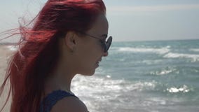 Πορτρέτο σχεδιαγράμματος μιας νέας γυναίκας με την κόκκινη τρίχα που πετά στον αέρα στα γυαλιά ηλίου και με τα στηρίγματα στα δόν απόθεμα βίντεο Πορτρέτο σχεδιαγράμματος μιας νέας γυναίκας με την κόκκινη τρίχα που πετά στον αέρα στα γυαλιά ηλίου και με τα στηρίγματα στα δόν απόθεμα βίντεο