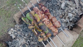 Προετοιμασία του shish kebab από το κρέας και τα λαχανικά στα οβελίδια στη φύση 4K απόθεμα βίντεο Προετοιμασία του shish kebab από το κρέας και τα λαχανικά στα οβελίδια στη φύση 4K απόθεμα βίντεο