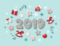 Πρότυπο καλής χρονιάς 2019 Με τα χαριτωμένα διακοσμητικά στοιχεία Για τα εμβλήματα, αφίσες, ευχετήριες κάρτες Χριστουγέννων ελεύθερη απεικόνιση δικαιώματος Πρότυπο καλής χρονιάς 2019 Με τα χαριτωμένα διακοσμητικά στοιχεία Για τα εμβλήματα, αφίσες, ευχετήριες κάρτες Χριστουγέννων ελεύθερη απεικόνιση δικαιώματος