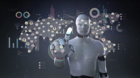 Ρομπότ cyborg σχετικά με τους συνδεδεμένους ανθρώπους, που χρησιμοποιούν την τεχνολογία επικοινωνιών με το οικονομικό διάγραμμα, Ρομπότ cyborg σχετικά με τους συνδεδεμένους ανθρώπους, που χρησιμοποιούν την τεχνολογία επικοινωνιών με το οικονομικό διάγραμμα,