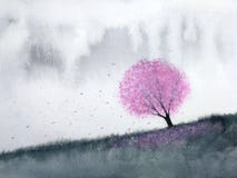 Ρόδινο άνθος κερασιών δέντρων τοπίων Watercolor ή φύλλο sakura που πέφτει στον αέρα στο λόφο βουνών με τον τομέα λιβαδιών παραδοσ διανυσματική απεικόνιση Ρόδινο άνθος κερασιών δέντρων τοπίων Watercolor ή φύλλο sakura που πέφτει στον αέρα στο λόφο βουνών με τον τομέα λιβαδιών παραδοσ διανυσματική απεικόνιση