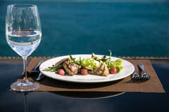 Σαλάτα κρέατος και ποτήρι ακόμα του νερού στοκ εικόνα με δικαίωμα ελεύθερης χρήσης Σαλάτα κρέατος και ποτήρι ακόμα του νερού στοκ εικόνα με δικαίωμα ελεύθερης χρήσης