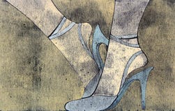 σανδάλια ποδιών s που φορούν τη γυναίκα woodprint απεικόνιση αποθεμάτων σανδάλια ποδιών s που φορούν τη γυναίκα woodprint απεικόνιση αποθεμάτων