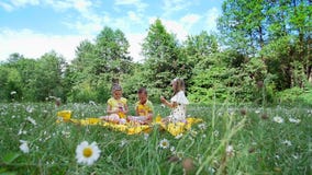 Σε ένα chamomile λιβάδι, κοντά σε ένα δάσος, στη χλόη, υπάρχουν τρία παιδιά σε ένα κίτρινο καρό, πίνουν τα γλυκά ποτά απόθεμα βίντεο Σε ένα chamomile λιβάδι, κοντά σε ένα δάσος, στη χλόη, υπάρχουν τρία παιδιά σε ένα κίτρινο καρό, πίνουν τα γλυκά ποτά απόθεμα βίντεο
