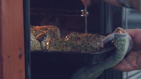 Σε αργή κίνηση Ο μάγειρας έβαλε το τηγάνι με το κρέας στο φούρνο φιλμ μικρού μήκους Σε αργή κίνηση Ο μάγειρας έβαλε το τηγάνι με το κρέας στο φούρνο φιλμ μικρού μήκους