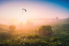 Σκιαγραφία Paraglide που πετά στα ξημερώματα στοκ φωτογραφία με δικαίωμα ελεύθερης χρήσης Σκιαγραφία Paraglide που πετά στα ξημερώματα στοκ φωτογραφία με δικαίωμα ελεύθερης χρήσης