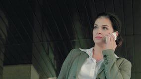 Σοβαρή και συγκεντρωμένη νέα επιχειρηματίας που κάνει ένα σημαντικό τηλεφώνημα απόθεμα βίντεο Σοβαρή και συγκεντρωμένη νέα επιχειρηματίας που κάνει ένα σημαντικό τηλεφώνημα απόθεμα βίντεο