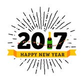 Συγχαρητήρια στο ευτυχές νέο έτος του 2017 με ένα μπουκάλι της σαμπάνιας, σημαίες διανυσματική απεικόνιση Συγχαρητήρια στο ευτυχές νέο έτος του 2017 με ένα μπουκάλι της σαμπάνιας, σημαίες διανυσματική απεικόνιση