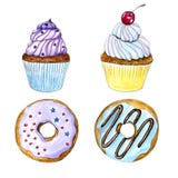 Συρμένο χέρι watercolor cupcake και donuts κάρτα διανυσματική απεικόνιση Συρμένο χέρι watercolor cupcake και donuts κάρτα διανυσματική απεικόνιση