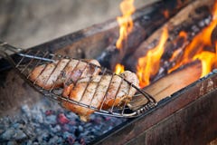 Σχάρα κρέατος λωρίδων στηθών κοτόπουλου shish kebab στη σχάρα οβελιδίων στοκ φωτογραφία με δικαίωμα ελεύθερης χρήσης Σχάρα κρέατος λωρίδων στηθών κοτόπουλου shish kebab στη σχάρα οβελιδίων στοκ φωτογραφία με δικαίωμα ελεύθερης χρήσης
