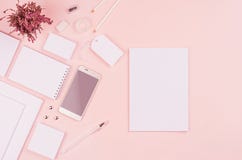 Σύγχρονος minimalistic χώρος εργασίας άνοιξη με τα άσπρα κενά χαρτικά στο μαλακό ρόδινο υπόβαθρο κρητιδογραφιών, τοπ άποψη, διάστ στοκ φωτογραφία με δικαίωμα ελεύθερης χρήσης Σύγχρονος minimalistic χώρος εργασίας άνοιξη με τα άσπρα κενά χαρτικά στο μαλακό ρόδινο υπόβαθρο κρητιδογραφιών, τοπ άποψη, διάστ στοκ φωτογραφία με δικαίωμα ελεύθερης χρήσης