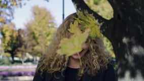Τα φύλλα σφενδάμου εμπίπτουν στο κεφάλι ενός νέου όμορφου κοριτσιού στο πάρκο σε ένα δέντρο απόθεμα βίντεο Τα φύλλα σφενδάμου εμπίπτουν στο κεφάλι ενός νέου όμορφου κοριτσιού στο πάρκο σε ένα δέντρο απόθεμα βίντεο