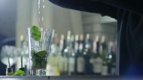 Τα όπλα του barkeeper προσθέτουν το φρέσκο χυμό στο διαφανές ποτήρι με την κινηματογράφηση σε πρώτο πλάνο μεντών πρασινάδων και α φιλμ μικρού μήκους Τα όπλα του barkeeper προσθέτουν το φρέσκο χυμό στο διαφανές ποτήρι με την κινηματογράφηση σε πρώτο πλάνο μεντών πρασινάδων και α φιλμ μικρού μήκους