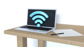 Το lap-top, υπολογιστής με το τρισδιάστατο εικονίδιο wifi στον ξύλινο επιτρ διανυσματική απεικόνιση Το lap-top, υπολογιστής με το τρισδιάστατο εικονίδιο wifi στον ξύλινο επιτρ διανυσματική απεικόνιση