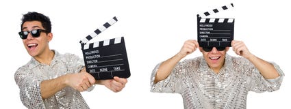 Το άτομο με τον κινηματογράφο clapperboard που απομονώνεται στο λευκό Στοκ εικόνα με δικαίωμα ελεύθερης χρήσης Το άτομο με τον κινηματογράφο clapperboard που απομονώνεται στο λευκό Στοκ εικόνα με δικαίωμα ελεύθερης χρήσης