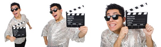 Το άτομο με τον κινηματογράφο clapperboard που απομονώνεται στο λευκό Στοκ εικόνες με δικαίωμα ελεύθερης χρήσης Το άτομο με τον κινηματογράφο clapperboard που απομονώνεται στο λευκό Στοκ εικόνες με δικαίωμα ελεύθερης χρήσης