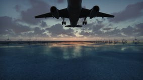 Το αεροπλάνο απογειώνεται στο υπόβαθρο ηλιοβασιλέματος σε σε αργή κίνηση διανυσματική απεικόνιση Το αεροπλάνο απογειώνεται στο υπόβαθρο ηλιοβασιλέματος σε σε αργή κίνηση διανυσματική απεικόνιση
