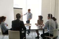 Το αρσενικό λεωφορείο παρουσιάζει flipchart για τους διαφορετικούς υπαλλήλους στοκ εικόνες Το αρσενικό λεωφορείο παρουσιάζει flipchart για τους διαφορετικούς υπαλλήλους στοκ εικόνες