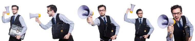 Το κολάζ του νέου επιχειρηματία με το μεγάφωνο στο λευκό Στοκ Φωτογραφία Το κολάζ του νέου επιχειρηματία με το μεγάφωνο στο λευκό Στοκ Φωτογραφία