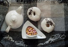 Το λευκό βερνίκωσε donuts και χρωμάτισε marshmallow σε ένα φλυτζάνι της καυτής σοκολάτας στο καρό στο Σκανδιναβικό ύφος Επίπεδος στοκ φωτογραφία Το λευκό βερνίκωσε donuts και χρωμάτισε marshmallow σε ένα φλυτζάνι της καυτής σοκολάτας στο καρό στο Σκανδιναβικό ύφος Επίπεδος στοκ φωτογραφία