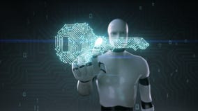 Το ρομπότ cyborg σχετικά με τη μορφή του κλειδιού, ελαφριά γραμμή πινάκων κυκλωμάτων, τεχνολογική ασφάλεια, αυξάνεται την τεχνητή ελεύθερη απεικόνιση δικαιώματος Το ρομπότ cyborg σχετικά με τη μορφή του κλειδιού, ελαφριά γραμμή πινάκων κυκλωμάτων, τεχνολογική ασφάλεια, αυξάνεται την τεχνητή ελεύθερη απεικόνιση δικαιώματος
