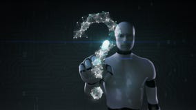 Το ρομπότ, cyborg σχετικά με την οθόνη, ψηφιακές γραμμές δημιουργεί τη μορφή ερωτηματικών, ψηφιακή έννοια ελεύθερη απεικόνιση δικαιώματος Το ρομπότ, cyborg σχετικά με την οθόνη, ψηφιακές γραμμές δημιουργεί τη μορφή ερωτηματικών, ψηφιακή έννοια ελεύθερη απεικόνιση δικαιώματος