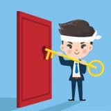 Το χαριτωμένο κλειδί επιχειρηματιών ανοίγει την πόρτα διανυσματική απεικόνιση Το χαριτωμένο κλειδί επιχειρηματιών ανοίγει την πόρτα διανυσματική απεικόνιση