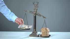 Το ψωμί ξεπερνά τα δολάρια στις κλίμακες, έννοια ένδειας, αυξανόμενες τιμές για τα προϊόντα πρώτης ανάγκης σε βάρος στοκ φωτογραφία με δικαίωμα ελεύθερης χρήσης Το ψωμί ξεπερνά τα δολάρια στις κλίμακες, έννοια ένδειας, αυξανόμενες τιμές για τα προϊόντα πρώτης ανάγκης σε βάρος στοκ φωτογραφία με δικαίωμα ελεύθερης χρήσης
