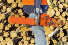 Υλοτόμος με το αλυσιδοπρίονο κοντά στο σωρό των κούτσουρων Στοκ Φωτογραφία Υλοτόμος με το αλυσιδοπρίονο κοντά στο σωρό των κούτσουρων Στοκ Φωτογραφία