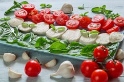Υγιής caprese σαλάτα με το τεμαχισμένο τυρί μοτσαρελών, ντομάτες κερασιών, φρέσκα φύλλα βασιλικού, σκόρδο ιταλικός παραδοσιακός τ στοκ εικόνες με δικαίωμα ελεύθερης χρήσης Υγιής caprese σαλάτα με το τεμαχισμένο τυρί μοτσαρελών, ντομάτες κερασιών, φρέσκα φύλλα βασιλικού, σκόρδο ιταλικός παραδοσιακός τ στοκ εικόνες με δικαίωμα ελεύθερης χρήσης