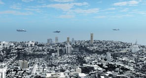 φουτουριστική επιστήμη μυθιστοριογραφίας εικονικής παράστασης πόλης διανυσματική απεικόνιση φουτουριστική επιστήμη μυθιστοριογραφίας εικονικής παράστασης πόλης διανυσματική απεικόνιση