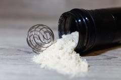 Φωτογραφική διαφάνεια από την πρωτεΐνη ορρού γάλακτος, καζεΐνη ή αποβουτυρωμένο γάλα, άνοιξη για το μίγμα κοντά σε έναν μαύρο δον στοκ εικόνες Φωτογραφική διαφάνεια από την πρωτεΐνη ορρού γάλακτος, καζεΐνη ή αποβουτυρωμένο γάλα, άνοιξη για το μίγμα κοντά σε έναν μαύρο δον στοκ εικόνες