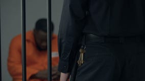 Φύλακας ασφάλειας με τα κλειδιά που εξετάζει το αφροαμερικανός φυλακισμένο αρσενικό στο κύτταρο απόθεμα βίντεο Φύλακας ασφάλειας με τα κλειδιά που εξετάζει το αφροαμερικανός φυλακισμένο αρσενικό στο κύτταρο απόθεμα βίντεο