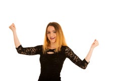 Χαριτωμένη νέα gesturing νίκη γυναικών με τα χέρια που απομονώνεται επάνω άνω του W στοκ εικόνα με δικαίωμα ελεύθερης χρήσης Χαριτωμένη νέα gesturing νίκη γυναικών με τα χέρια που απομονώνεται επάνω άνω του W στοκ εικόνα με δικαίωμα ελεύθερης χρήσης