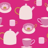 Χαριτωμένο teapots και φλυτζανών τσαγιού ρόδινο άνευ ραφής σχέδιο διανυσματική απεικόνιση Χαριτωμένο teapots και φλυτζανών τσαγιού ρόδινο άνευ ραφής σχέδιο διανυσματική απεικόνιση