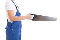 Χειρωνακτικό πριόνι στο χέρι του οικοδόμου που απομονώνεται στο λευκό Στοκ Φωτογραφίες Χειρωνακτικό πριόνι στο χέρι του οικοδόμου που απομονώνεται στο λευκό Στοκ Φωτογραφίες
