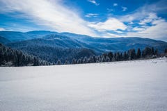Όμορφα χειμερινά τοπία με το δάσος, τα δέντρα και τον ήλιο Ένας χειμώνας και μια ηλιόλουστη ημέρα στο βουνό Μπλε ουρανός στο υπόβ στοκ φωτογραφία με δικαίωμα ελεύθερης χρήσης Όμορφα χειμερινά τοπία με το δάσος, τα δέντρα και τον ήλιο Ένας χειμώνας και μια ηλιόλουστη ημέρα στο βουνό Μπλε ουρανός στο υπόβ στοκ φωτογραφία με δικαίωμα ελεύθερης χρήσης