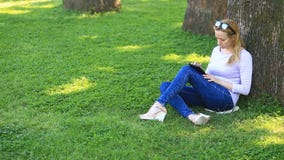Όμορφη συνεδρίαση γυναικών κάτω από έναν φοίνικα και ξεφύλλισμα του Διαδικτύου σε ένα smartphone απόθεμα βίντεο Όμορφη συνεδρίαση γυναικών κάτω από έναν φοίνικα και ξεφύλλισμα του Διαδικτύου σε ένα smartphone απόθεμα βίντεο