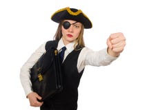 Όμορφη τσάντα εκμετάλλευσης κοριτσιών πειρατών που απομονώνεται στο λευκό στοκ φωτογραφία Όμορφη τσάντα εκμετάλλευσης κοριτσιών πειρατών που απομονώνεται στο λευκό στοκ φωτογραφία