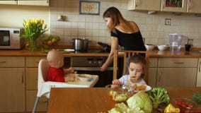 Όμορφη φροντίζοντας μητέρα στην κουζίνα με δύο παιδιά της - ένα μικρό παιδί και ένα προσχολικό κορίτσι το λουλούδι ημέρας δίνει τ απόθεμα βίντεο Όμορφη φροντίζοντας μητέρα στην κουζίνα με δύο παιδιά της - ένα μικρό παιδί και ένα προσχολικό κορίτσι το λουλούδι ημέρας δίνει τ απόθεμα βίντεο