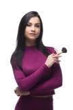 Όμορφο brunette στον προκλητικό πορφυρό πυροβολισμό μπλουζών του Τζέρσεϋ στοκ εικόνα με δικαίωμα ελεύθερης χρήσης Όμορφο brunette στον προκλητικό πορφυρό πυροβολισμό μπλουζών του Τζέρσεϋ στοκ εικόνα με δικαίωμα ελεύθερης χρήσης