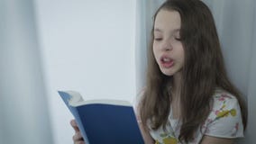 Όμορφο μικρό κορίτσι που διαβάζει ένα ενδιαφέρον βιβλίο από το παράθυρο απόθεμα βίντεο Όμορφο μικρό κορίτσι που διαβάζει ένα ενδιαφέρον βιβλίο από το παράθυρο απόθεμα βίντεο