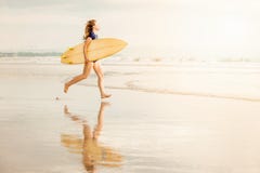 Όμορφο προκλητικό κορίτσι surfer στην παραλία στο ηλιοβασίλεμα στοκ εικόνες Όμορφο προκλητικό κορίτσι surfer στην παραλία στο ηλιοβασίλεμα στοκ εικόνες
