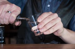 Όμορφος νέος μπάρμαν στο μπλε πουκάμισο, τη μαύρη φανέλλα και το κόκκι στοκ εικόνες Όμορφος νέος μπάρμαν στο μπλε πουκάμισο, τη μαύρη φανέλλα και το κόκκι στοκ εικόνες