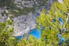 Абстрактная предпосылка с морем, утесами и соснами стоковые фотографии rf Абстрактная предпосылка с морем, утесами и соснами стоковые фотографии rf